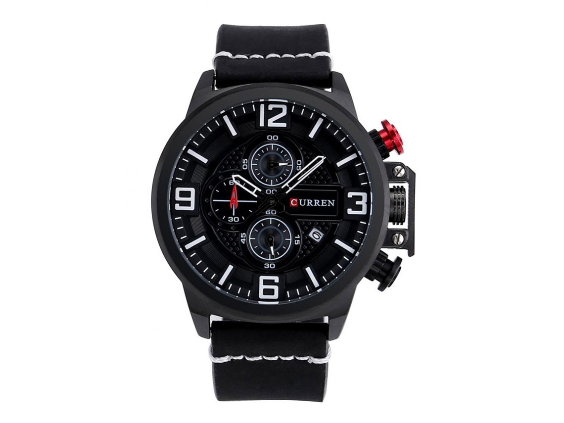 Relógio de pulso masculino Curren Fashion, quartzo, pulseira de couro preta, à prova d'água.