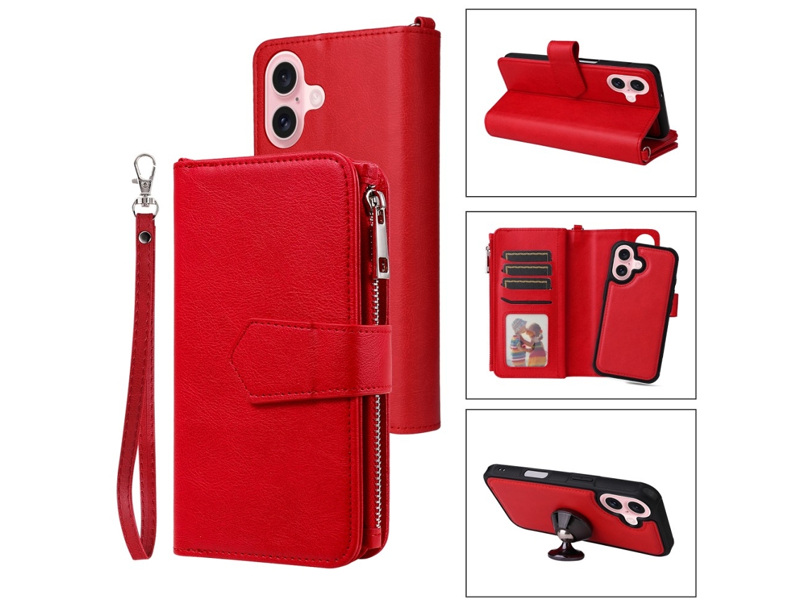 Capa Em Couro Pu Para Apple Iphone 16 Vermelho