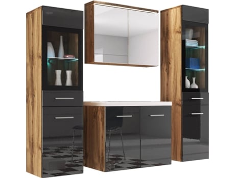 Conjunto de Banheiro Madrit Ii Carvalho Wotan/Preto Brilhante BRATEX