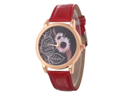 Reloj De Cuarzo De Piel Pu Para Mujer Y Hombre Con Dial Redondo Y Patrón Floral Rojo
