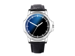 Relógio de pulso masculino casual em couro, analógico, quartzo, com mostrador redondo preto.