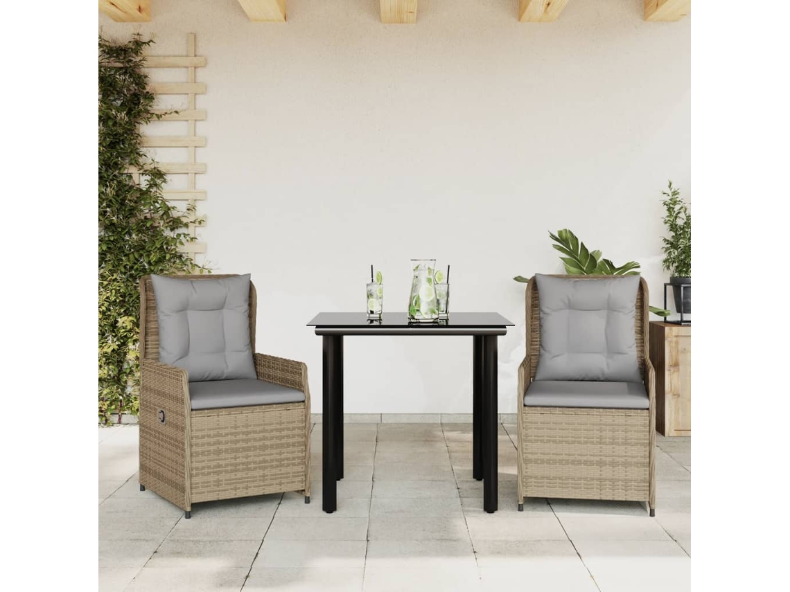 Vidaxl 3 Pcs Conjunto De Jantar P/ Jardim Com Almofadões Vime Pe Bege