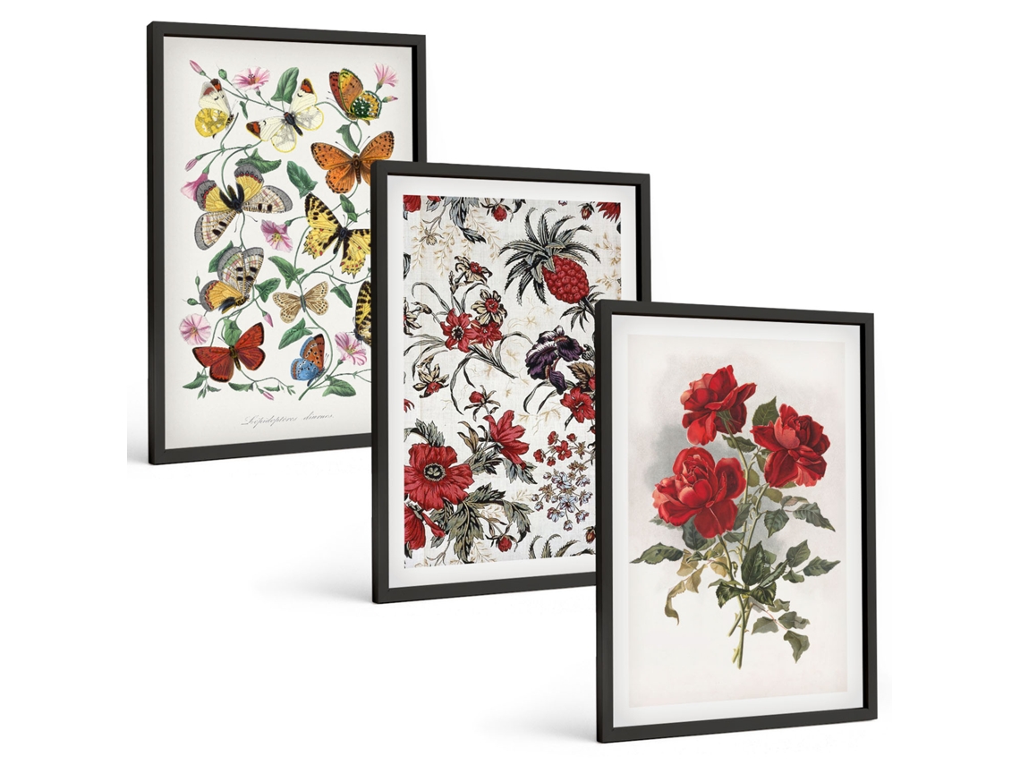 Conjunto De Pinturas Borboletas, Flores, Rosas Vermelhas Moldura Preta Imagens Para Um Quarto Infantil Espelharte (3 Piezas De 40x60 Cm)