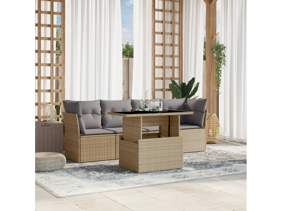 Vidaxl 5 Pcs Conjunto De Sofás P/ Jardim Com Almofadões Vime Pe Bege