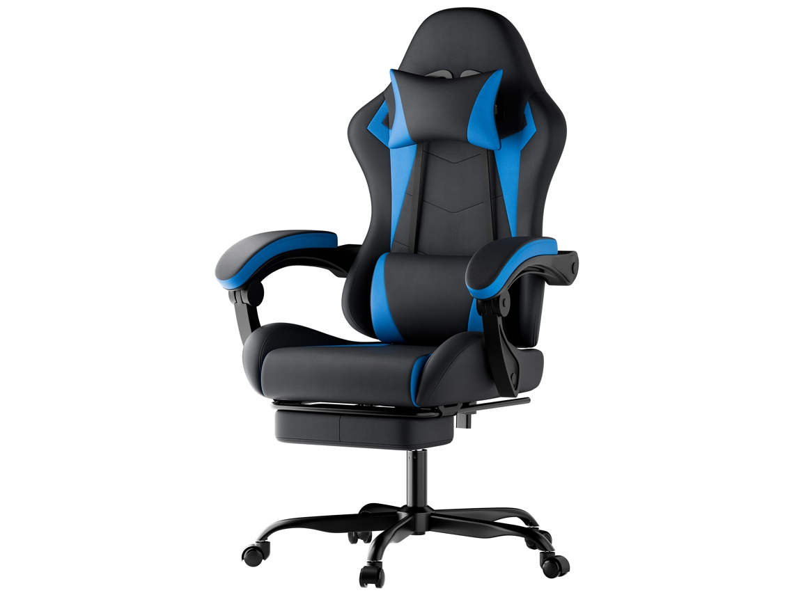 Cadeira Gamer Almofadas, Couro Pu, Ajustável – Preto E Azul