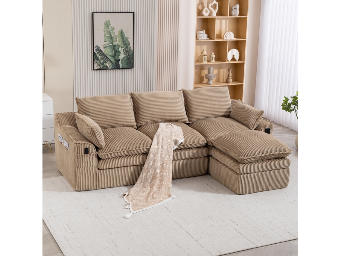 Sofá Modular 3 Lugares Em Veludo Cotelê Cáqui Com Puff E Bolsos Laterais