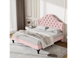 Cama 140x200 Veludo Rosa com Cabeceira Ajustável