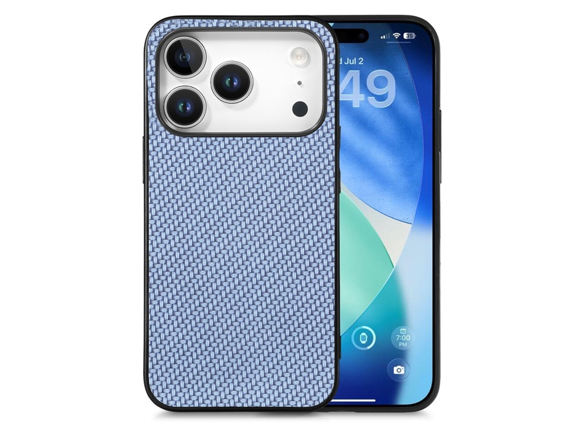 Capa Para Iphone 17 Pro Em Couro Pu Com Fibra De Carbono - Azul