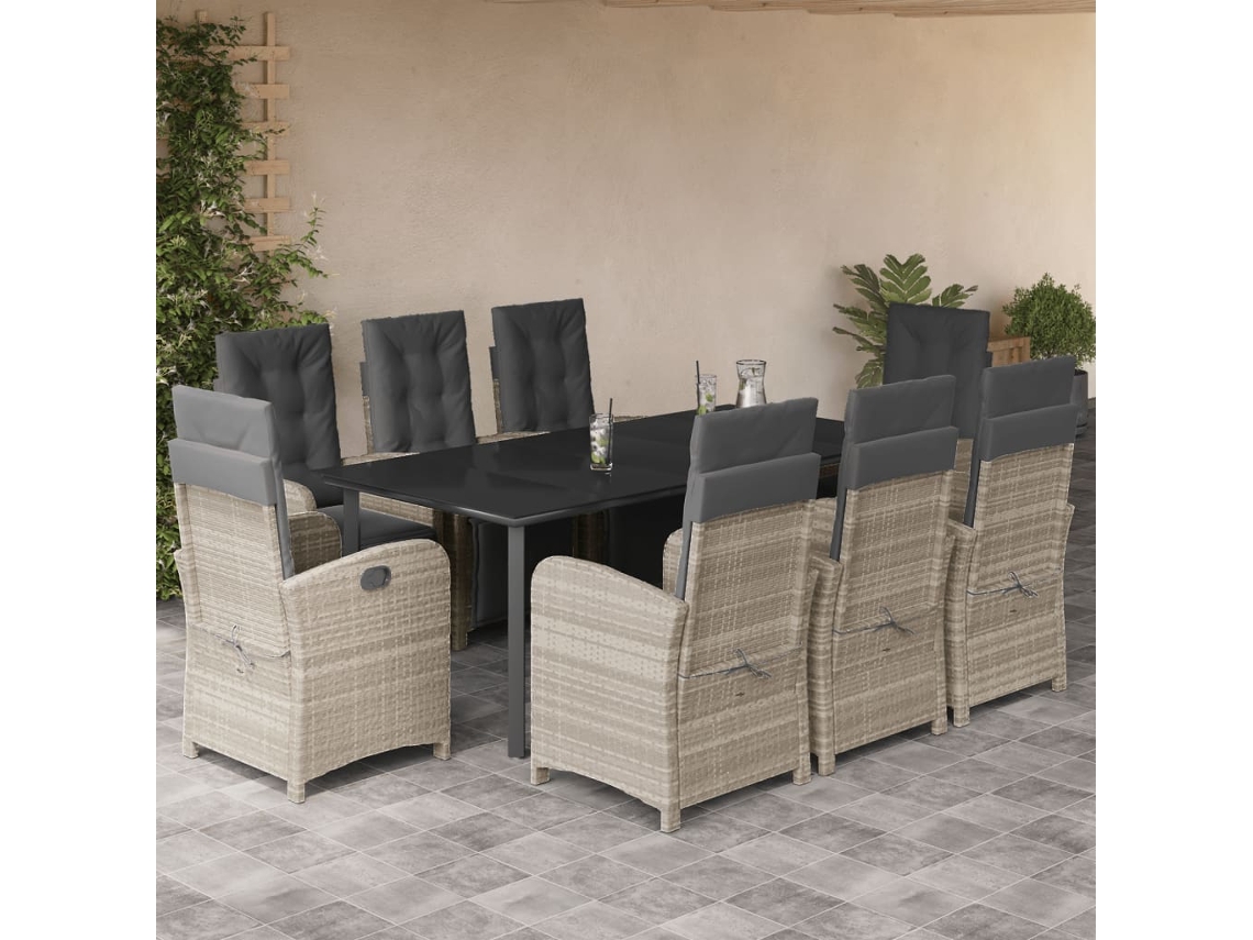 Conjunto 9 Peças Jantar P/ Jardim C/ Almofadões Cinza Claro Dkd Home Decor