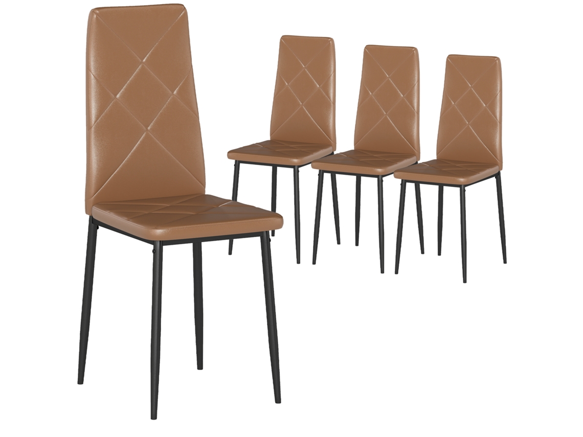 Conjunto de 4 Cadeiras de Jantar Estofadas em Couro Sintético com Encosto Alto e Pernas de Aço 41x50x97 Cm Castanho Ge