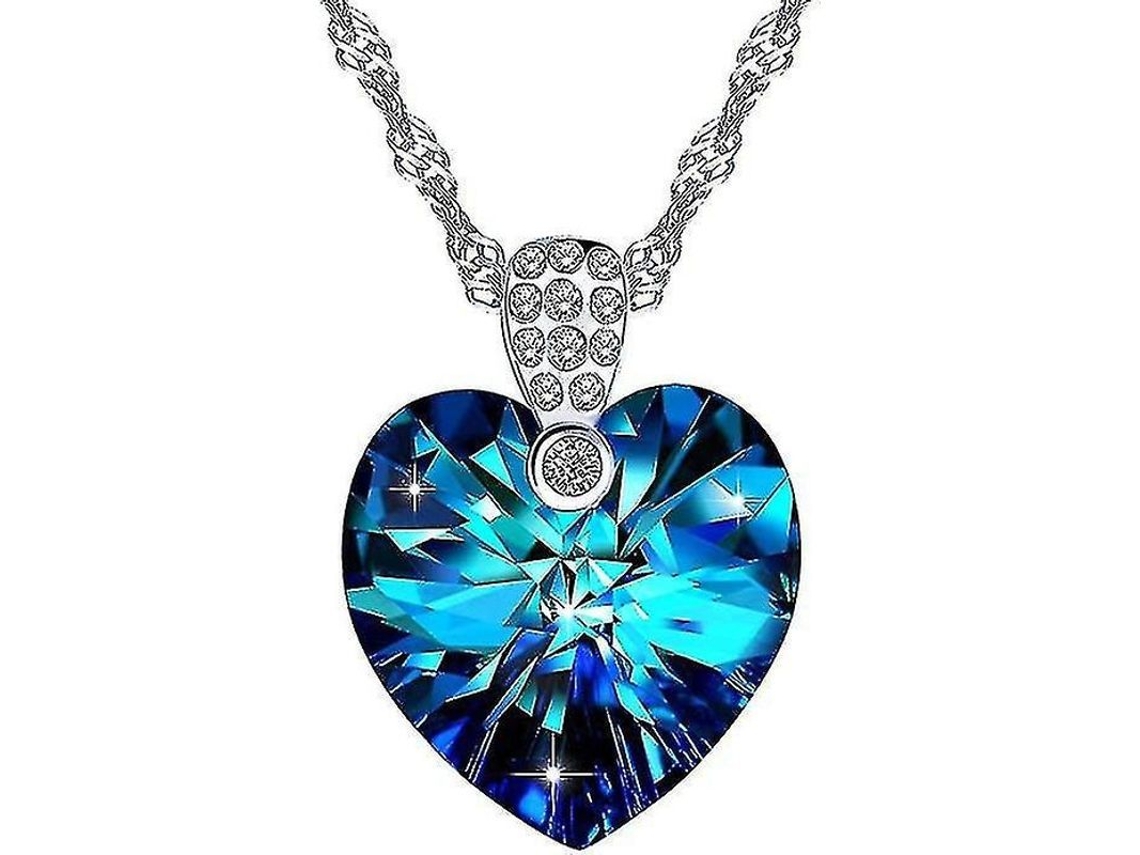 Colar Feminino com Pingente Coração "Coração do Oceano" Azul de Prata e Zircônia | S/MARCA
