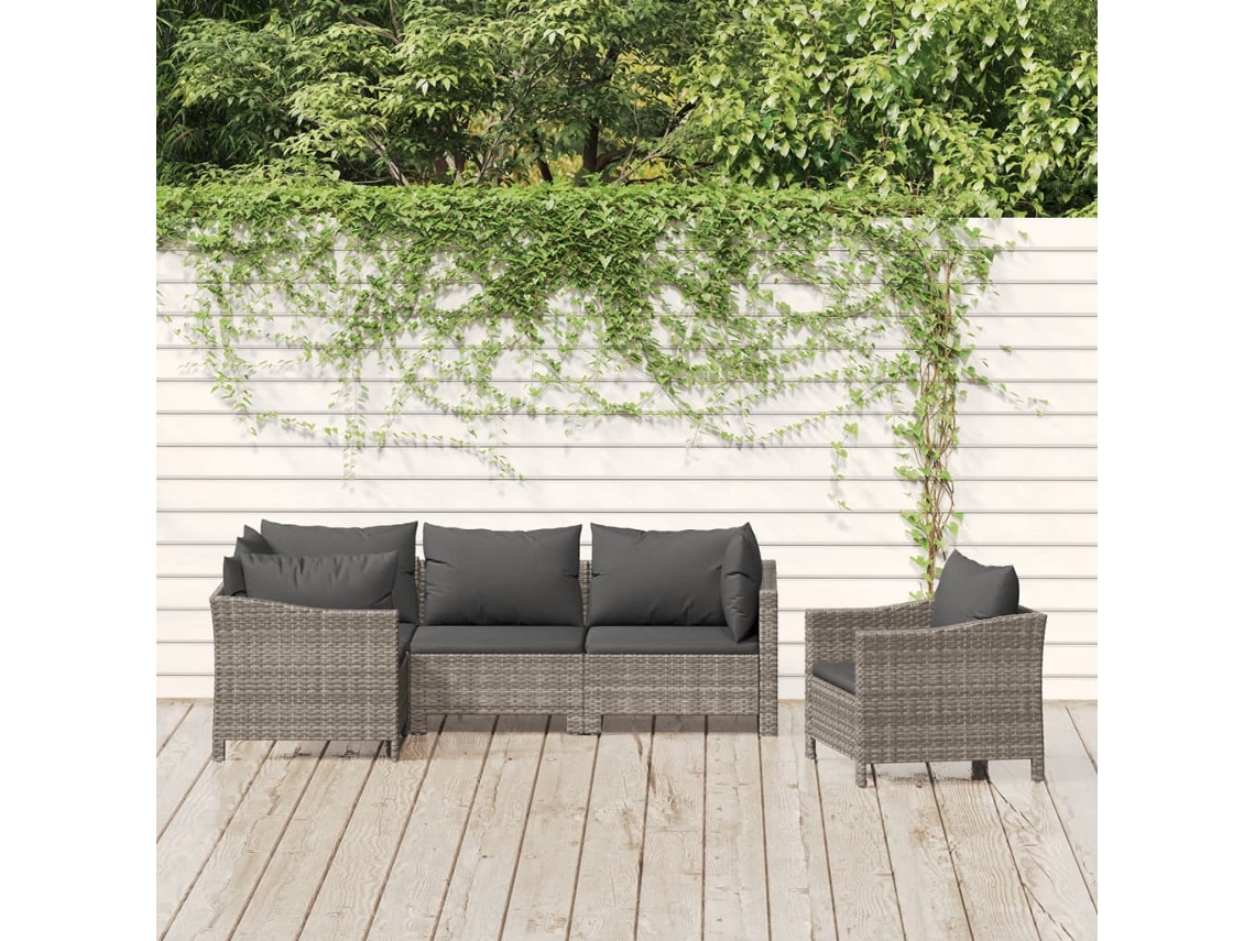 Vidaxl 5 Pcs Conjunto Lounge De Jardim C/ Almofadões Vime Pe Cinzento