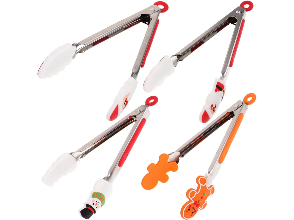 Pinças Multifuncionais Para Grelhar Em Aço Inoxidável E Silicone, Conjunto De 4 Peças, Design Natalino, Duráveis E