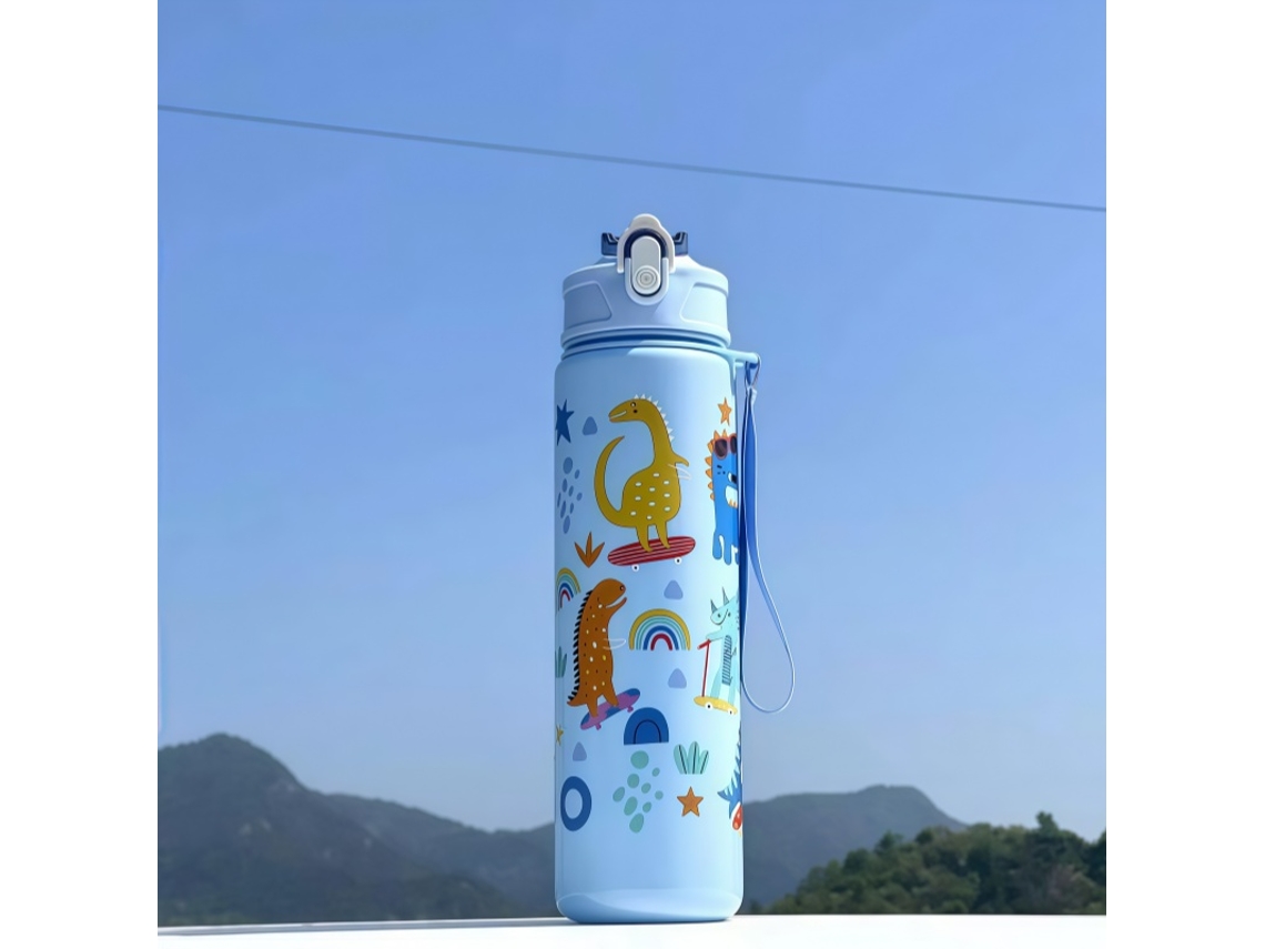 Garrafa de Água Infantil , Capacidade de 750ml, Feita de Plástico Ecológico. MDUG (dinossauro Azul)