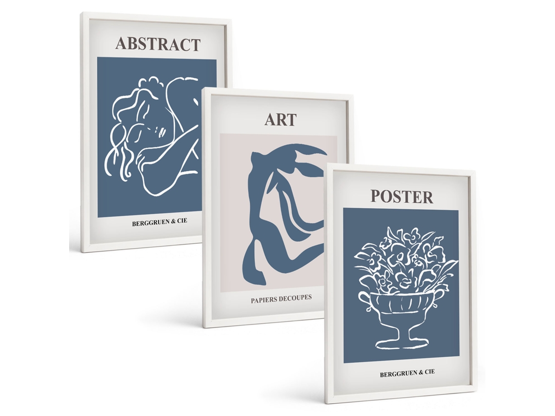 Pinturas Murais Modernas Padrões Abstratos Elegantes Ao Estilo Matisse Moldura Branca Pinturas De Quarto Espelharte (3 Piezas De 40x60 Cm)