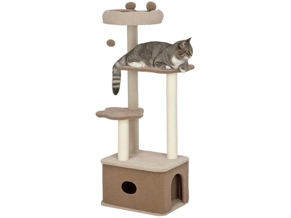 Arranhador Com Cama Caverna Plataformas Bola Suspensa E Poste De Juta 48x40x133 Cm Marrom
