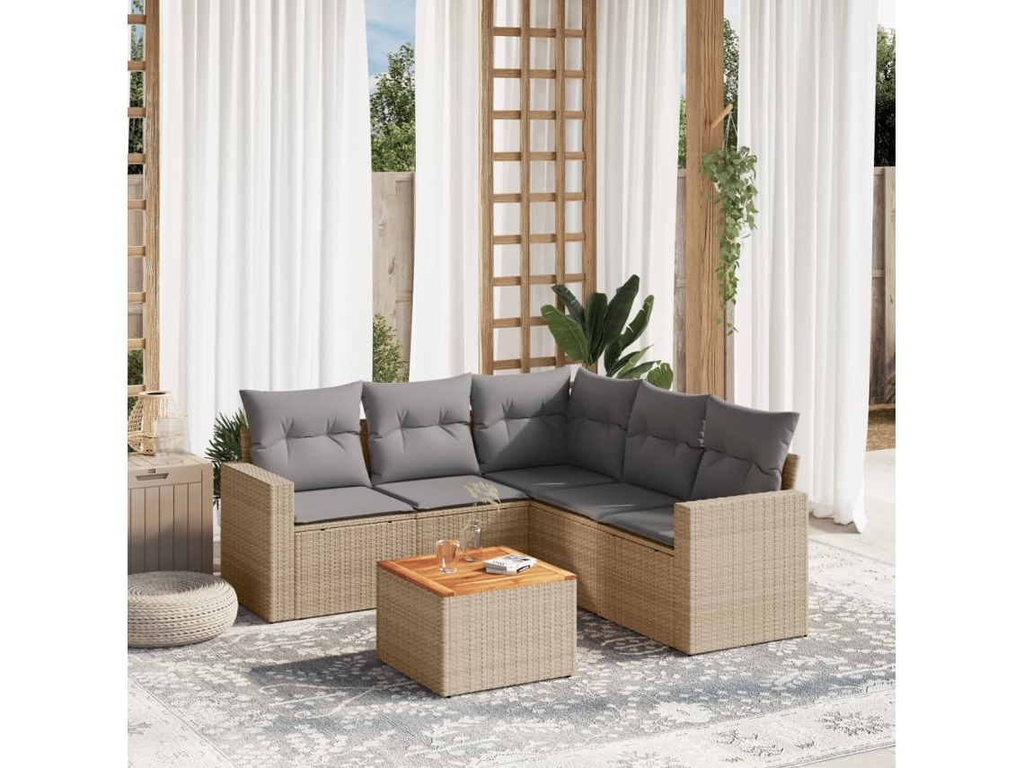 Vidaxl 6 Pcs Conj. Sofás Jardim C/ Almofadões Vime Pe Bege Misturado