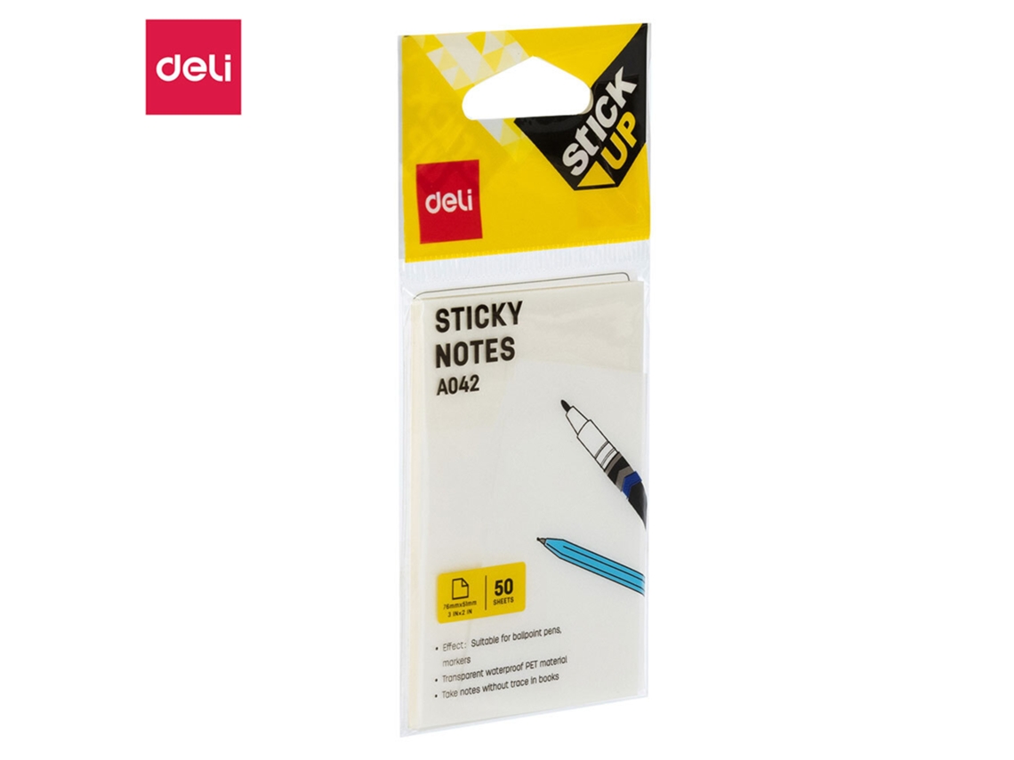 Bloco de Notas Aderentes Sticky Notes DELI Pet, 51 X 76 Mm, 50 Folhas, Transparente