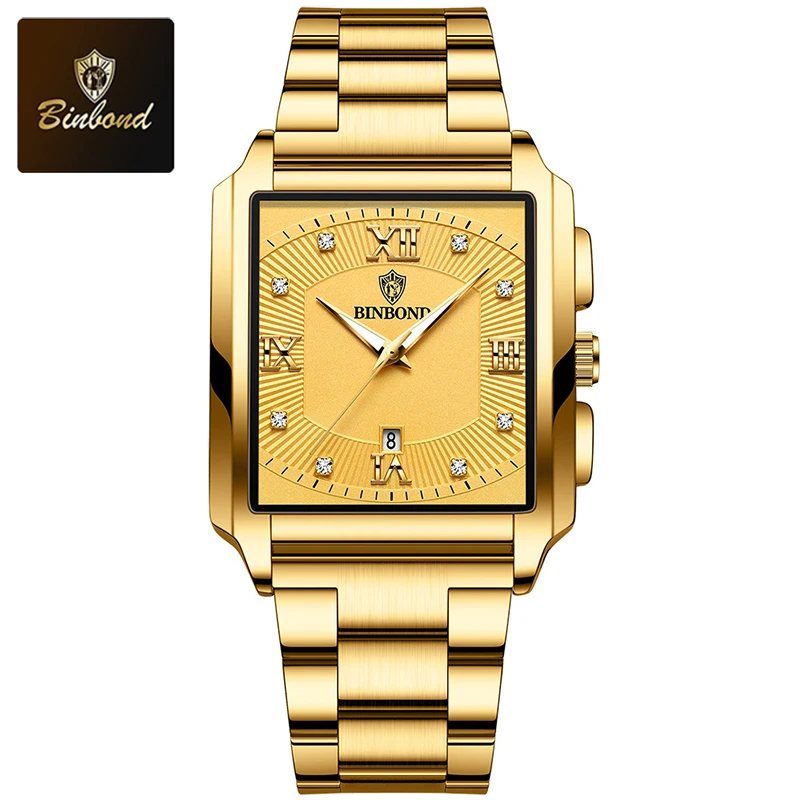 Relógio Masculino de Quartzo Mostrador Quadrado Ponteiros Luminosos Exibição da Data Aço Inoxidável Resistente À Água MDUG (dourado)