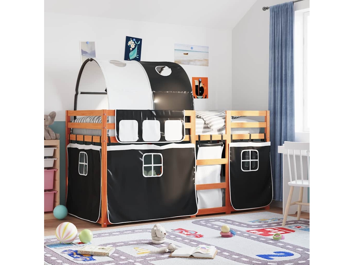 Vidaxl Beliche Com Cortinas 80x200 Cm Pinho Maciço Branco E Preto