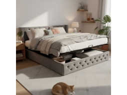 Cama De Casal 180x200 Cm, Cabeceira E Pés Com Orelhas Almofadadas, Dupla Fileira De Pregos, Mecanismo Hidráulico De Armazenamento,tecido Anti-manchas