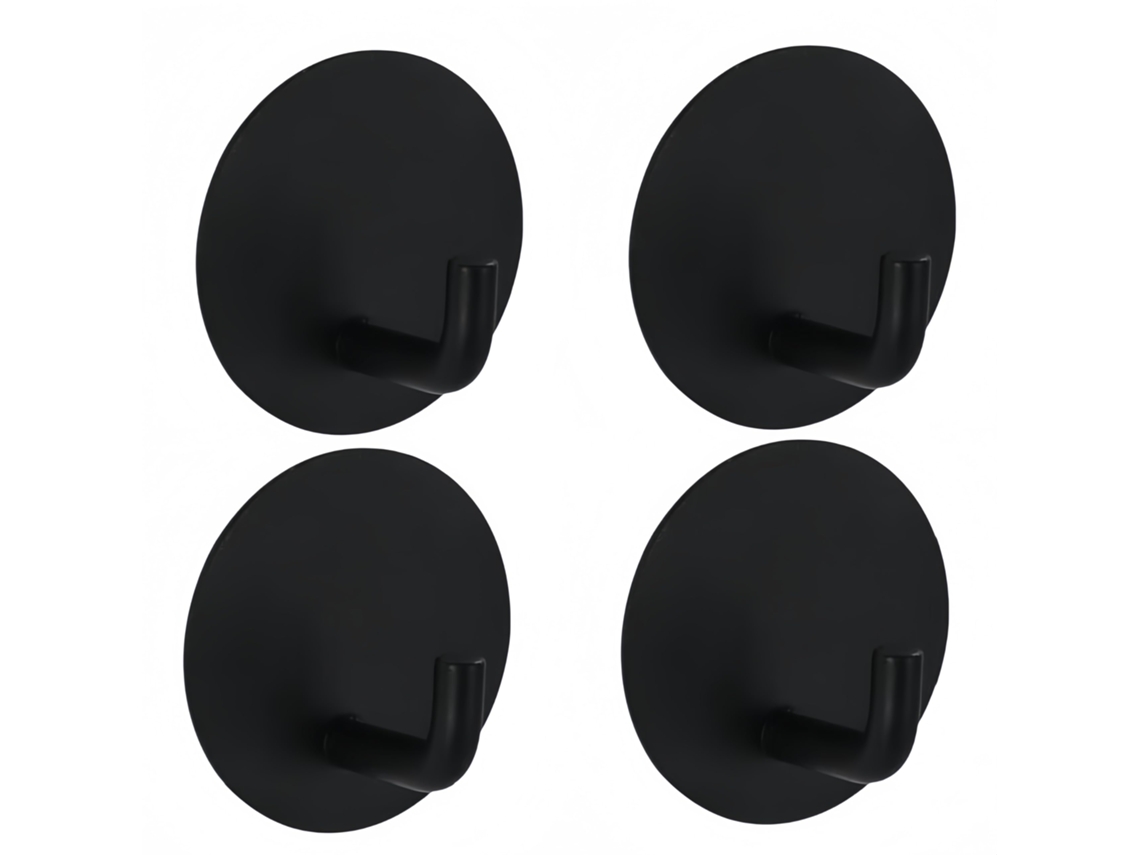 Gancho Adesivo Impermeável Preto 4pç, Aço Inoxidável Removível para Banheiro