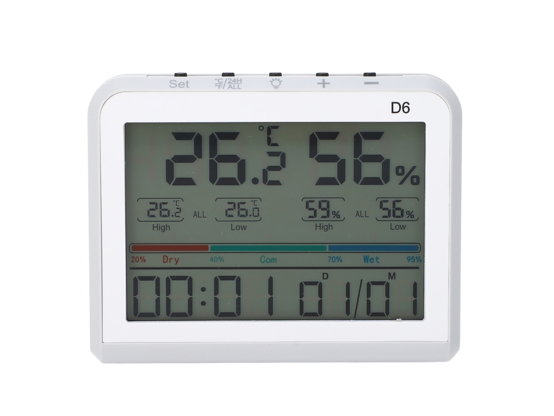 Medidor digital de temperatura e umidade YURU com relógio e data para ambientes internos