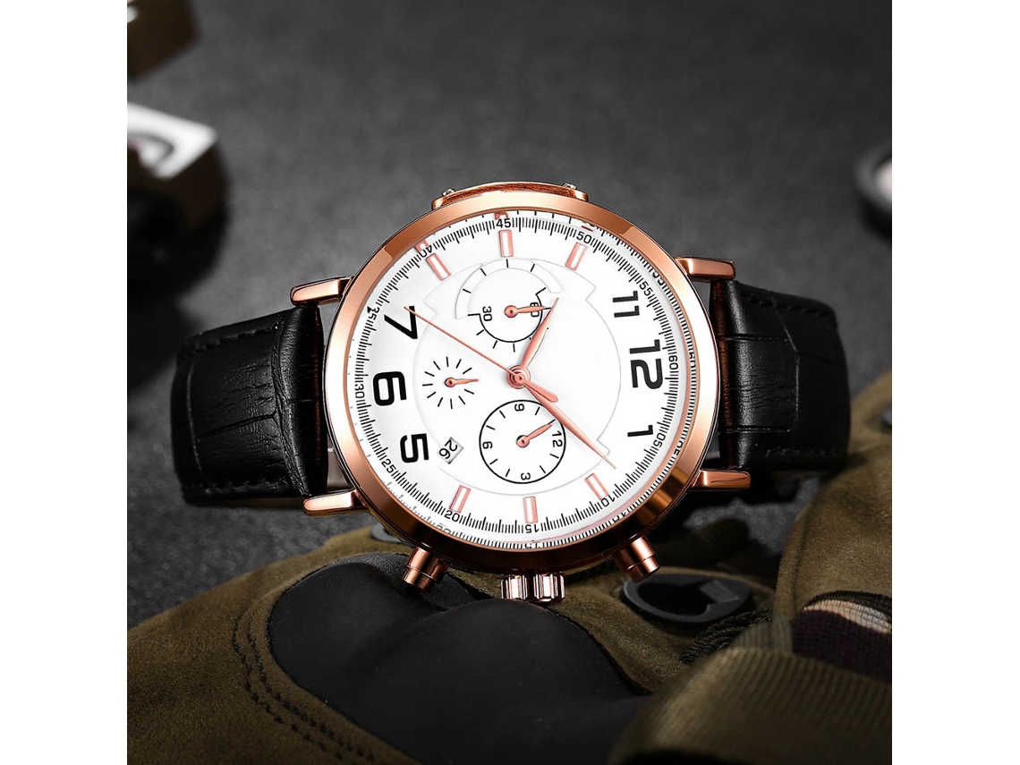 Relógio masculino Ochstin, à prova d'água, mostrador redondo, pulseira de couro, movimento de quartzo (branco prateado)