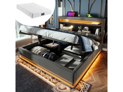 Cama Estofada 160 X 200 Cm Cabeceira Usb C, Led, Cama Hidráulica Com Arrumação Cinza, Linho Mobrio (com Colchão)