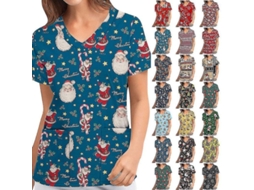 Uniforme De Enfermagem Feminino De Natal Com Manga Curta Camiseta Scrub Blusa V-neck Top De Tricot Preto Claro
