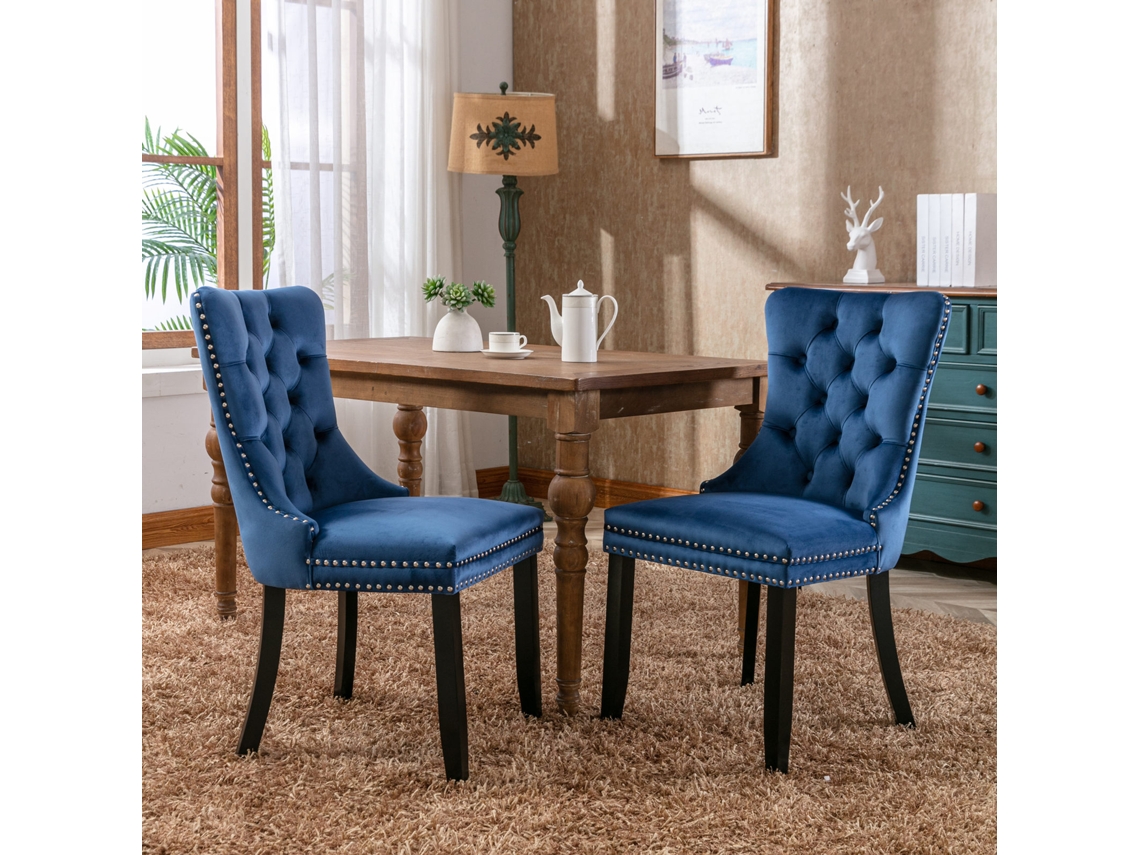Conjunto De Cadeiras De Jantar Modernas Em Veludo Azul Com Pernas De Madeira E Detalhes Em Tachinhas 2 Peças,nikki Collection Mega Echo Trade Shop