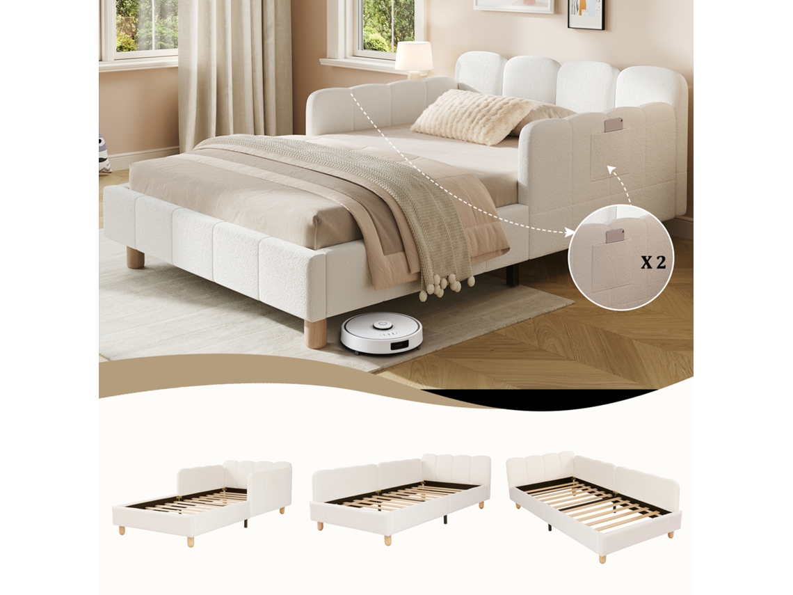 Cama Individual 90x200 Cm - Com Cabeceira Acolchoada E Proteção Anti-queda, Pés Em Madeira Maciça, Tecido Bouclé - Bege