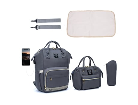 Mochila Para Fraldas Com Trocador Portátil, Bolsa De Mão E Bolsa Para Aquecer Mamadeira Cinza Escuro Hexinyigjly (Conjunto De 3 Peças)
