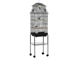 Gaiola metálica para pássaros com bandeja removível, rodas, 4 comedouros, 3 poleiros, 1 baloiço 50,5x41x163cm PRETO | S/MARCA