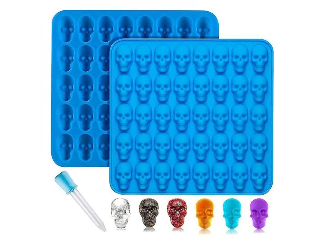 Molde de silicone Rebe em formato de caveira, com 2 peças e conta-gotas, antiaderente, próprio para alimentos, para chocolates e balas de goma, azul.
