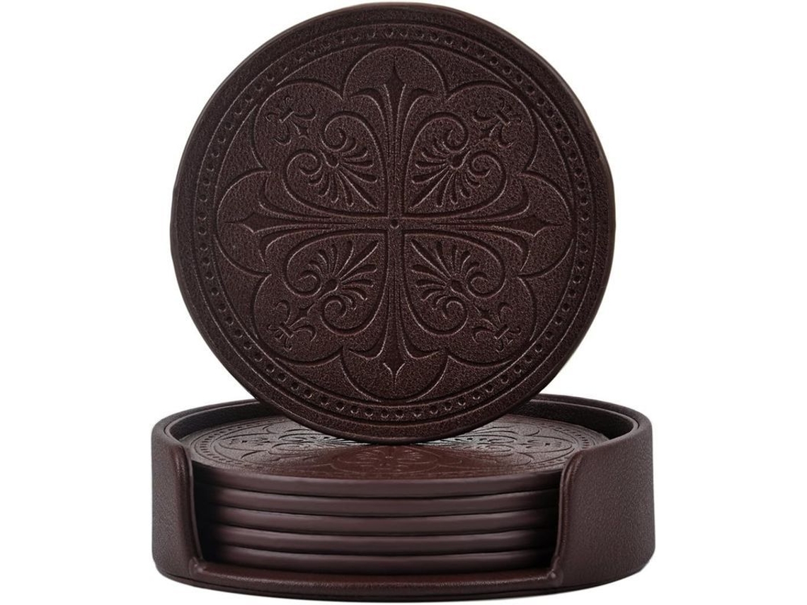2026 posavasos de Cuero Pu Absorbentes Set de 6 Con Porta, Redondos para Mesa de Madera, Café