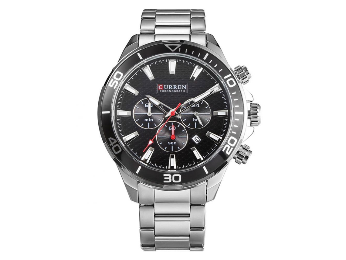 Relógio de pulso masculino de quartzo com pulseira de aço e mostrador redondo preto.