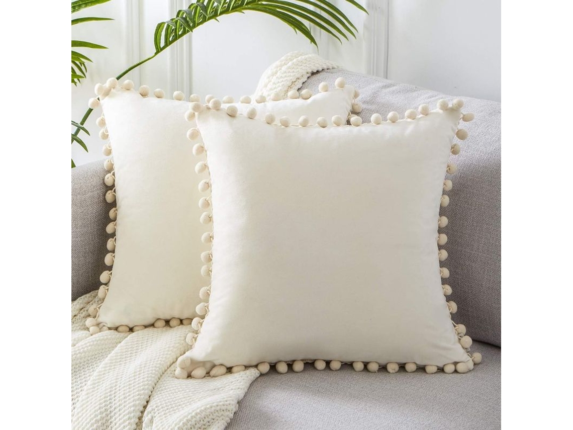 Conjunto de 2 capas de almofada decorativas quadradas de veludo macio, 45x45 cm, com bolinhas, cor creme.