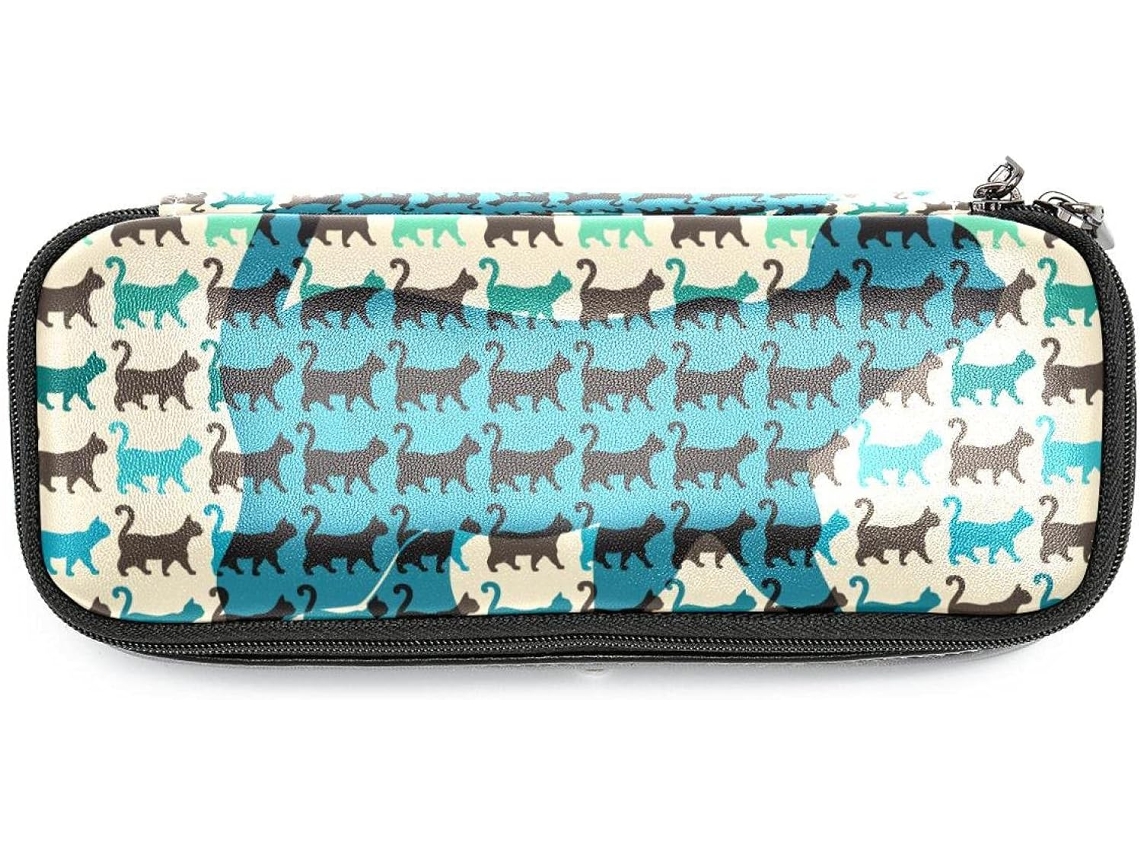 Organizador de maquiagem espaçoso com estampa de gatos coloridos e costas curvas, ideal para escola e mesa.