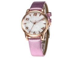 Relógio de pulso feminino com pulseira casual em PU, mostrador redondo e números dourados (roxo)