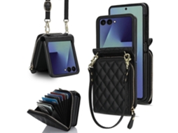 Capa De Couro Com Zíper Grande, Compartimento Para Cartão E Alça Transversal Para Samsung Galaxy Z Flip7 5g