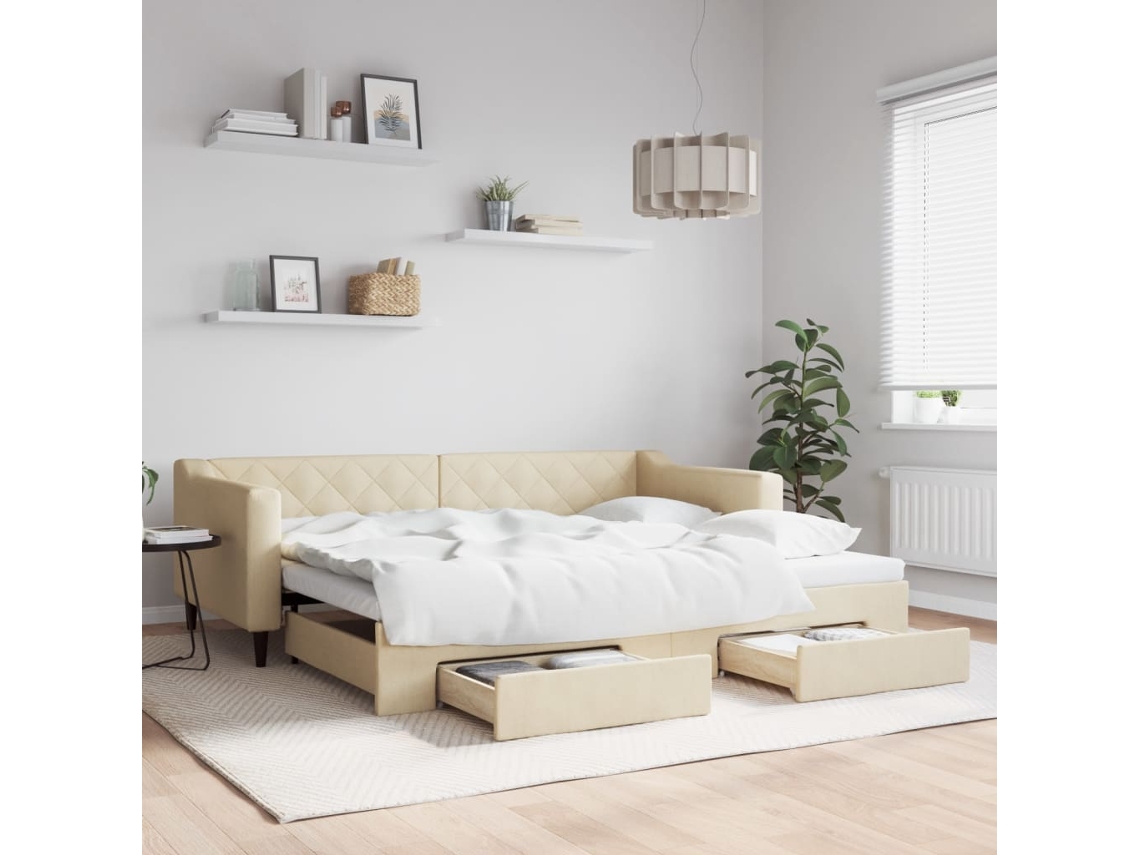Vidaxl Sofá-cama Com Gavetão E Gavetas 90x200 Cm Tecido Cor Creme