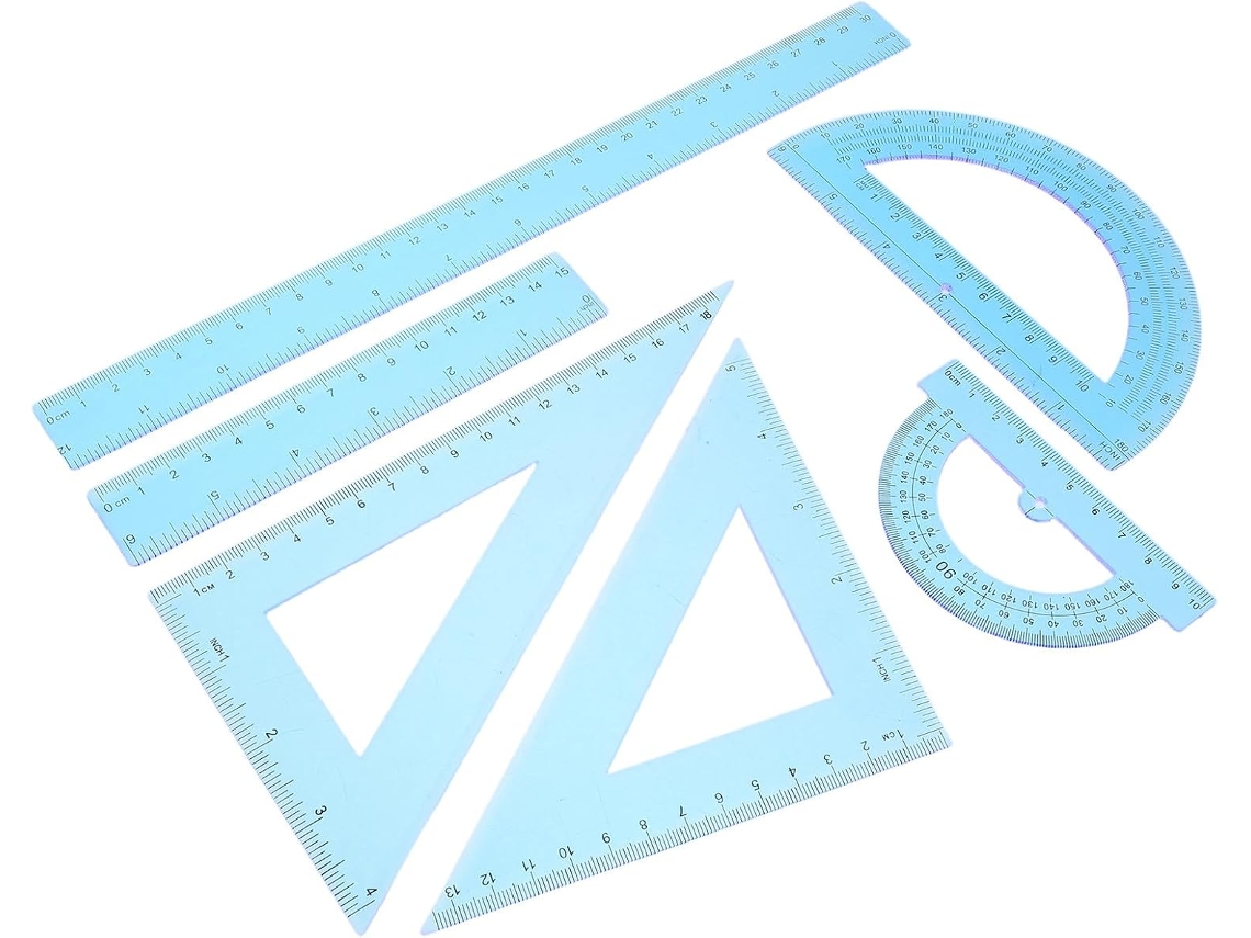 Réguas de plástico azul Veemoon para medições precisas, conjunto de 6, régua de transferência, régua semicircular e esquadro.