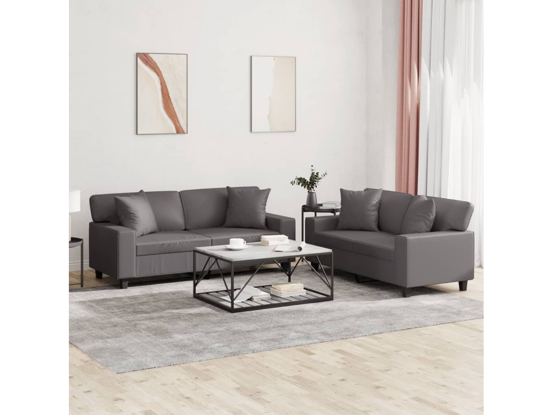 Vidaxl 2 Pcs Conjunto De Sofás Com Almofadas Couro Artificial Cinzento