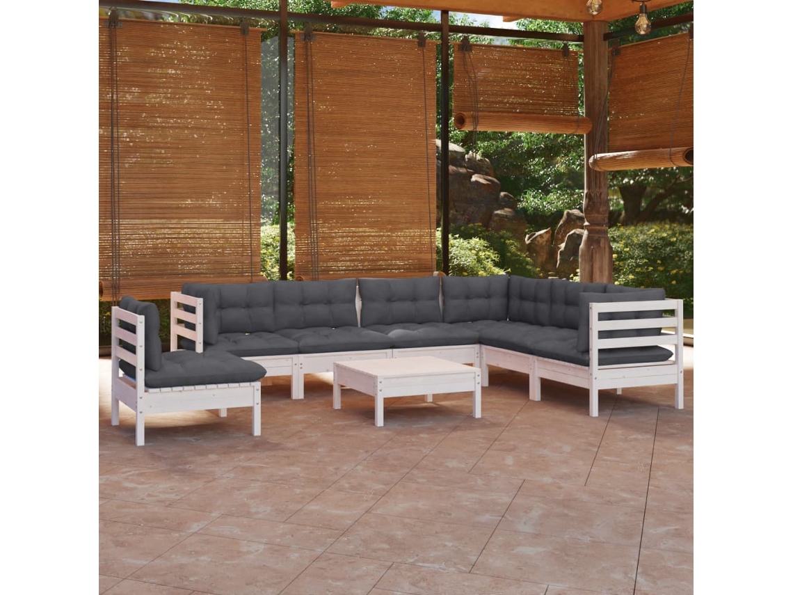 8 Pcs Conj. Lounge De Jardim C/ Almofadas Pinho Maciço Branco Dkd Home Decor