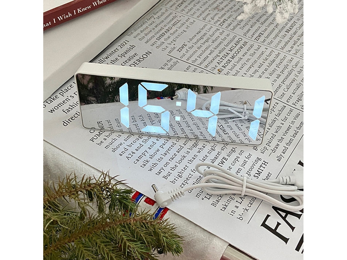 Despertador digital LED Baok-reloj, espelho inteligente, silencioso, para estudantes, de mesa, com cabo de carregamento, caixa branca (pilhas não incluídas)