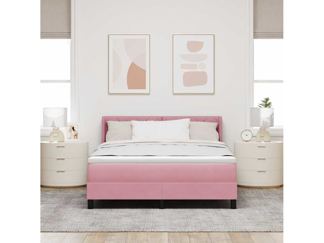 Vidaxl Cama Box Com Cabeceira Manual Rosa 190 X 140 Cm Veludo
