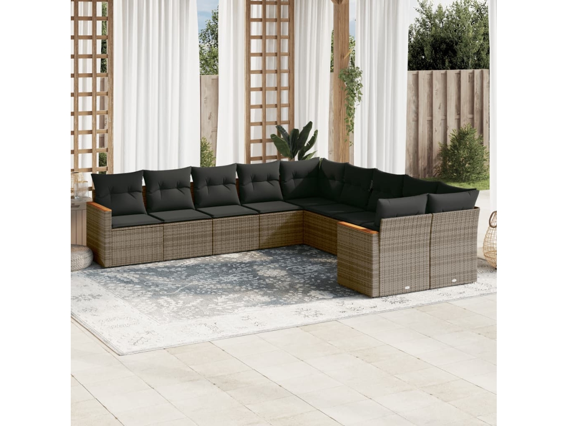 Vidaxl 10 Pcs Conjunto Sofás De Jardim C/ Almofadões Vime Pe Cinzento