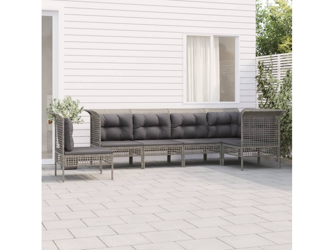 Vidaxl 6 Pcs Conjunto Lounge De Jardim C/ Almofadões Vime Pe Cinzento