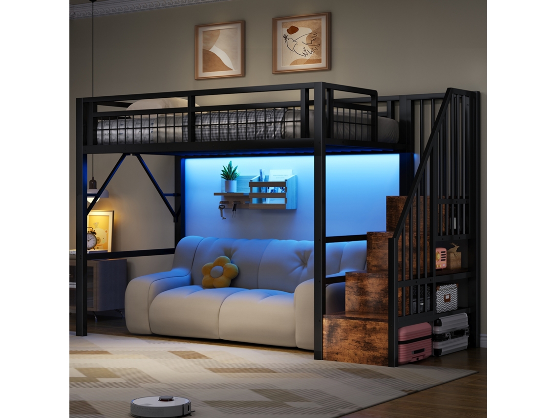 Cama Alta 90 X 200 Cm Preta Em Ferro Com Led, Escada Com Arrumação E Sem Colchão